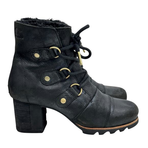 SOREL Addington Shearling Boots SZ 9 Women’s Black Leather Waterproof Lace Up - Picture 2 of 13